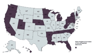 Map of United States with States requiring submission of annual financial statements highlighted - California, Florida, Hawaii, Louisiana, Michigan, Minnesota, Nebraska, New Hampshire, New Jersey, New York, North Carolina, Oregon, Pennsylvania, Tennessee, Utah, Washington, and West Virginia.