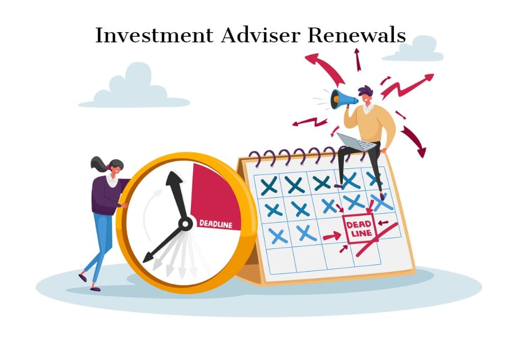 Text "Investment Adviser Renewals" Above A Drawing of an Alarm Clock and Calendar