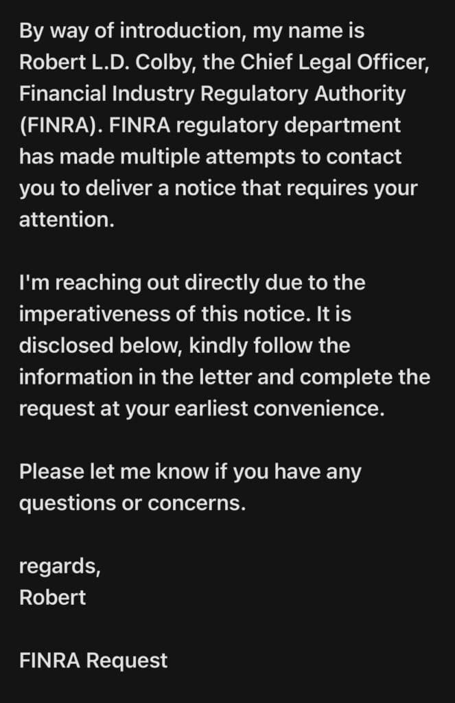 Sample FINRA phishing email displaying white text on a black background